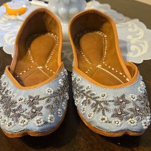 Blue and Tan Leather Flats with Perforated Toe